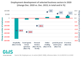 Employment development of selected business sectors in 2020 (change Dec. 2020 vs 2019, in total and in %)